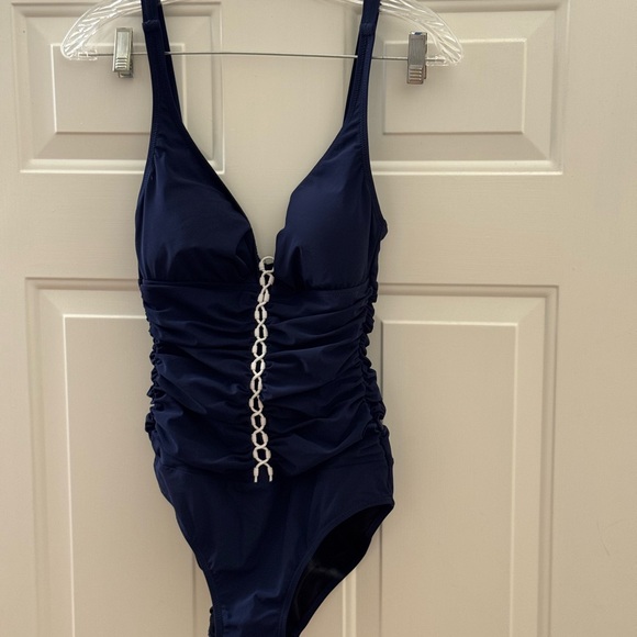 Profile By Gottex Navy Ruched One Piece Swimsuit Size 6 - Picture 1 of 6